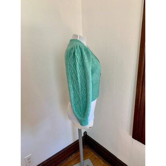 VTG 90s y2k Green Knit Cropped Sweater Mutton Sleeves Cable Argyle Cardigan Med - Picture 15 of 16